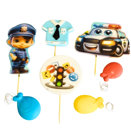 Figurki ozdoby na tort topper policja dziecko baloniki dekoracje urodzinowe zestaw cukrowy 7 sztuk
